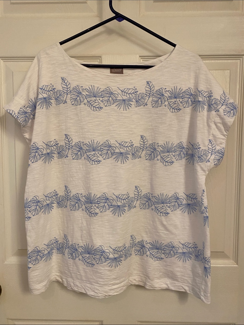 Chicos White Tee with Blue  Stripe Print